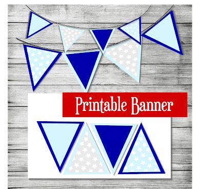 A paper banner features triangle flags hanging on string. The triangle banner flags are light blue with a dark blue outline, dark blue with a light blue outline, white with stars, and light blue with stars.