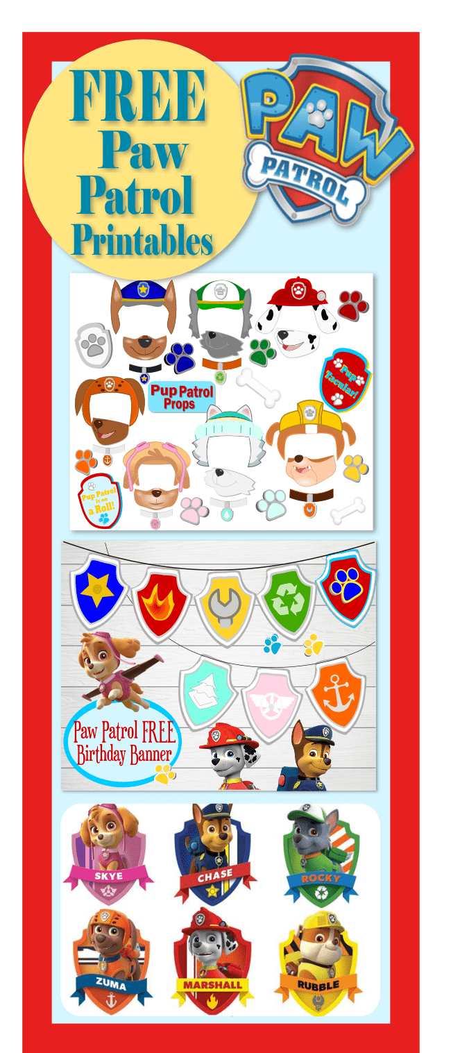 A tall graphic outlines in thick red lines. "Free Paw Patrol Printables" is written across the top. Examples of Paw Patrol crafts adorn the rest of the graphic, like masks, banners, and stickers. Use Cricut and your creativity to make these easy Paw Patrol party decorations. 