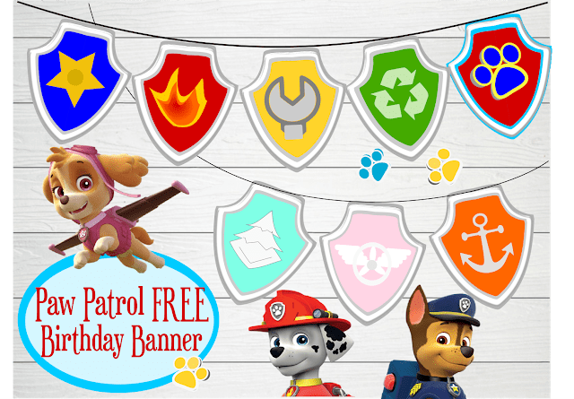 A cartoon illustration of a Paw Patrol banner that featured badges and character symbols like fire for Marshall and a police badge for Chase. Chase, Marshall and Skye are on the graphic and the text reads "Paw Patrol Free Birthday Banner" with a yellow dog paw print. 