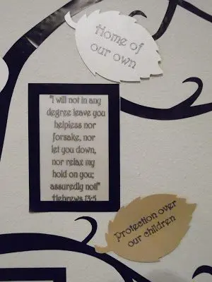 A close up look at some of the framed Bible verses and personal prayer leaves on our DIY prayer tree.