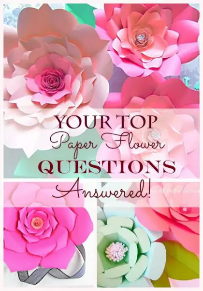 A collage of three images showing pastel paper flowers with image text overlay that reads your top paper flower questions answered!