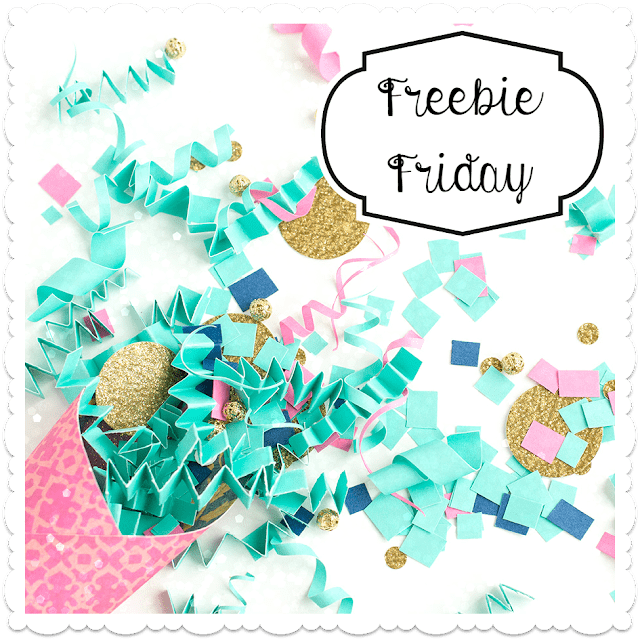 Freebie Friday is written in script above a tabletop covered in bright paper confetti.