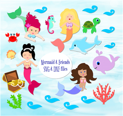 Mermaids, whales, crabs, and fish made from free mermaid SVG cut files swim and play among coral and treasure chests. Every object is made from paper and SVG cut files.