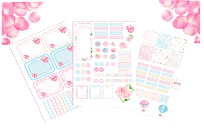 Three sheets of pink, white, and baby blue planner stickers on a white background with pink flower petals in the upper corners. Download your free pink floral planner stickers to decorate your planner and notebooks. Use sticker paper to print then cut your free stickers. 