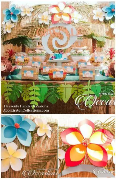 Hawaiian giant paper flower tutorial for a Moana luau birthday party backdrop.