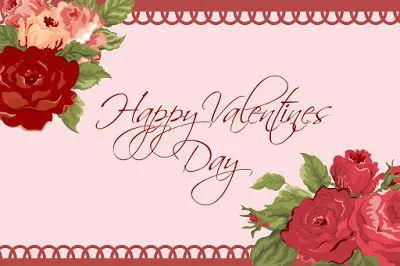 A printable Valentine's Day gift tag has red roses in the upper left and lower right corners. Red text in the center of a pink background says, "Happy Valentine's Day" in a romantic script.