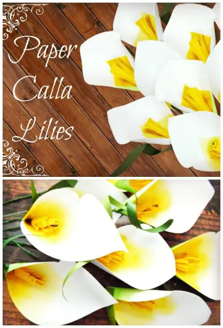 Paper calla lilies in white script text on the left of the papercraft lilies on a wooden top. The bottom shows a closer look at a bouquet of paper lilies.