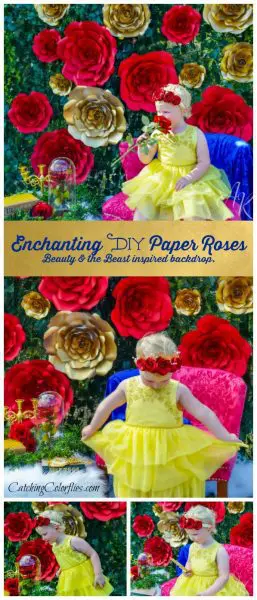 A four image collage showing a Beauty and the Beast inspired photoshoot. 