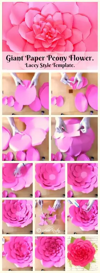 A multi-paneled graphic showing the stages of making a large paper peony flower. You can follow along to make your own paper flowers. 