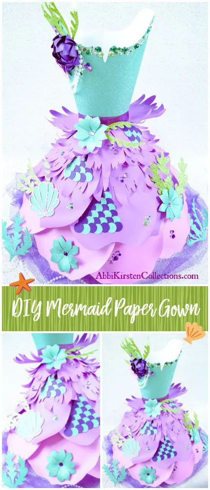 Three collaged images show different angles of a small Mermaid themed paper dress decorated with purple, green, and blue paper decorations.