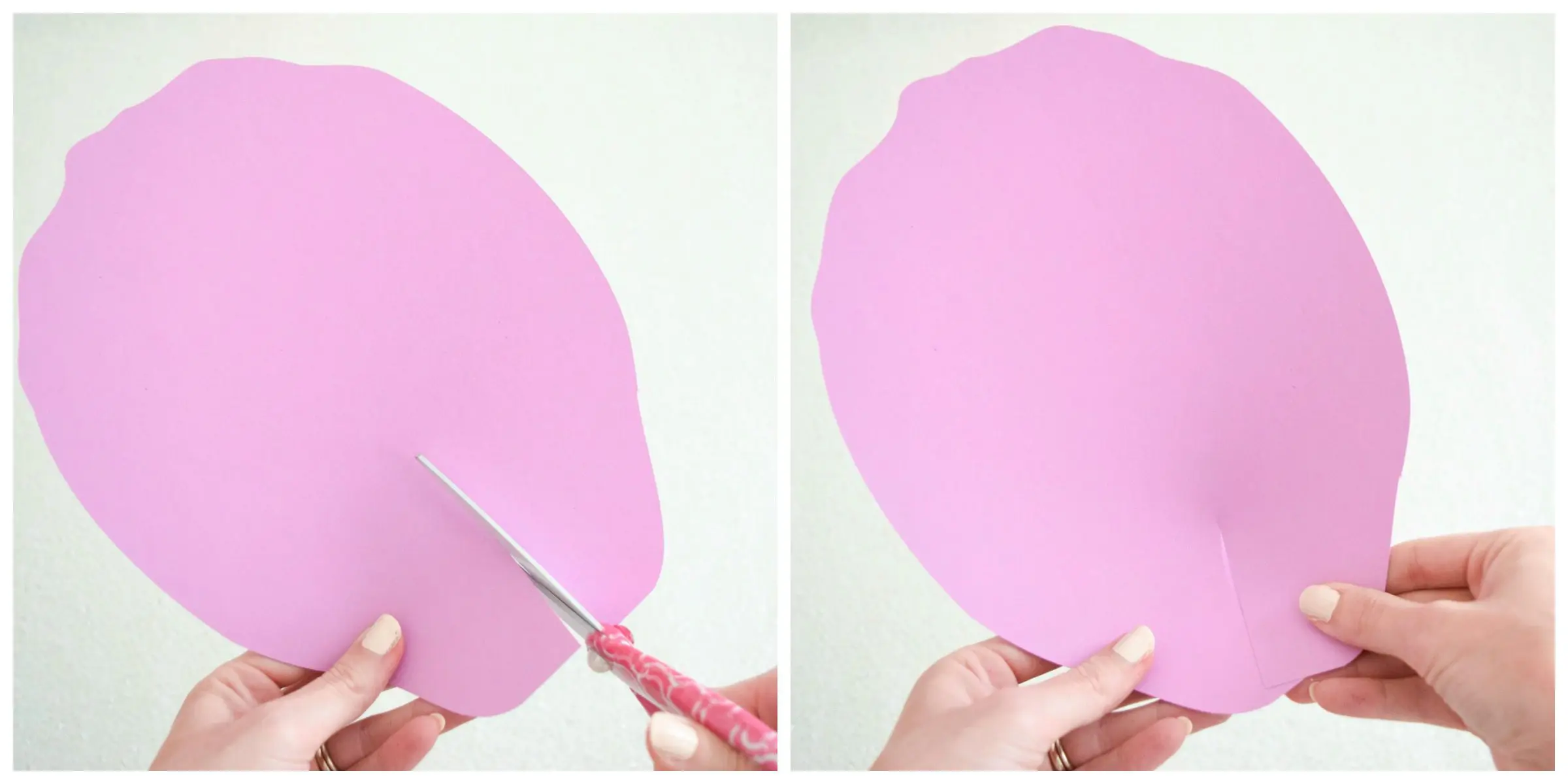 Two side-by-side images show a woman's hand using a scissors to cut a slit into a large, light purple colored paper petal, which will be used to create a paper skirt.