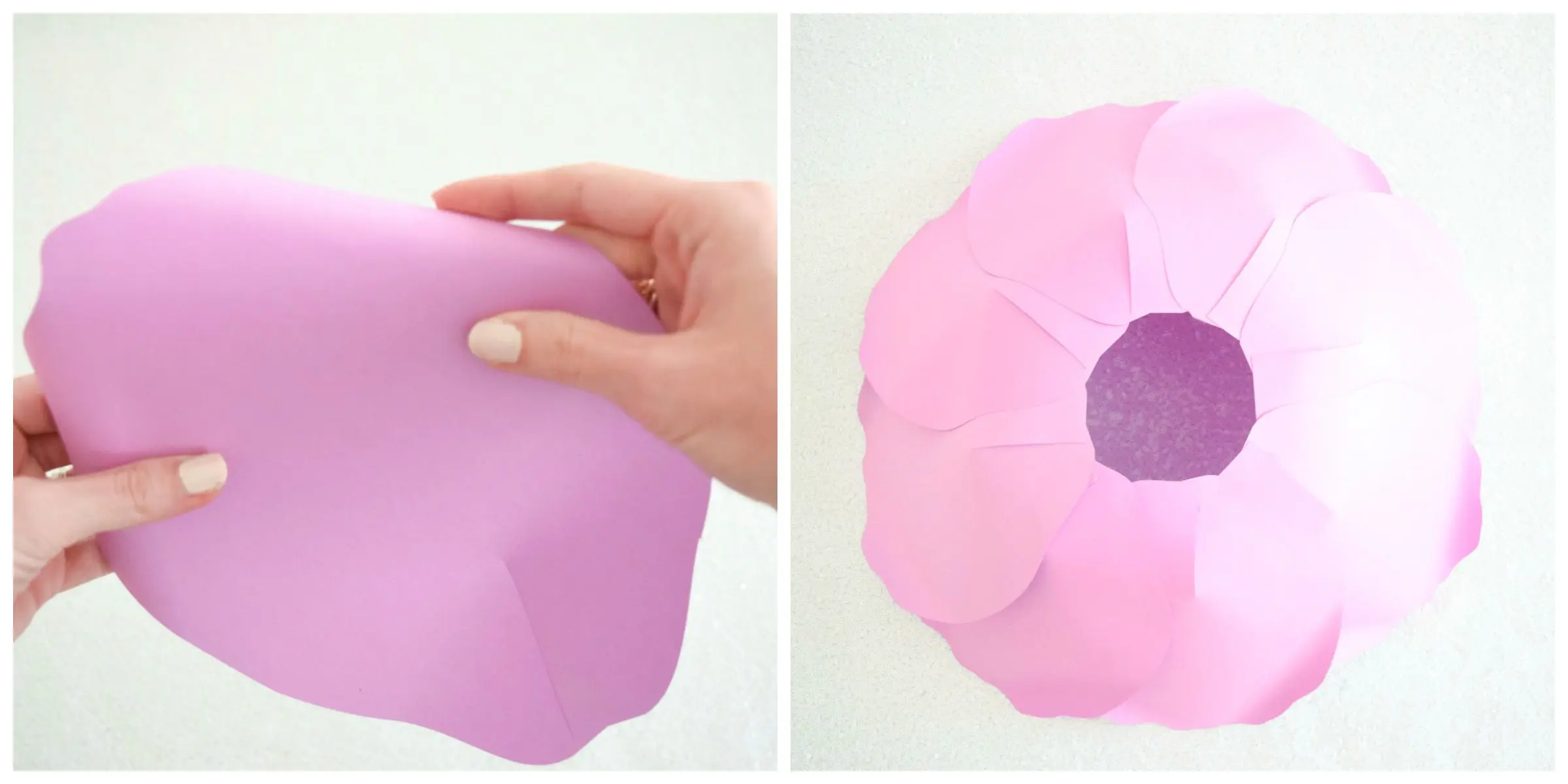 Two side-by-side images show the process for creating a paper dress skirt using large purple paper flower petals.