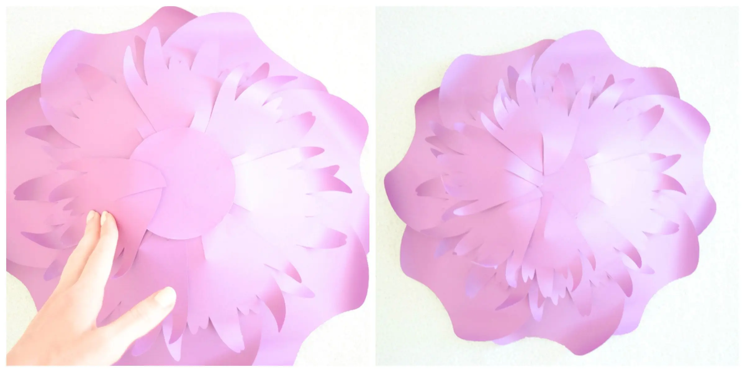 Another set of side-by-side images show the process of making a paper dress skirt using purple paper flower petals, stacking them for a layered effect.