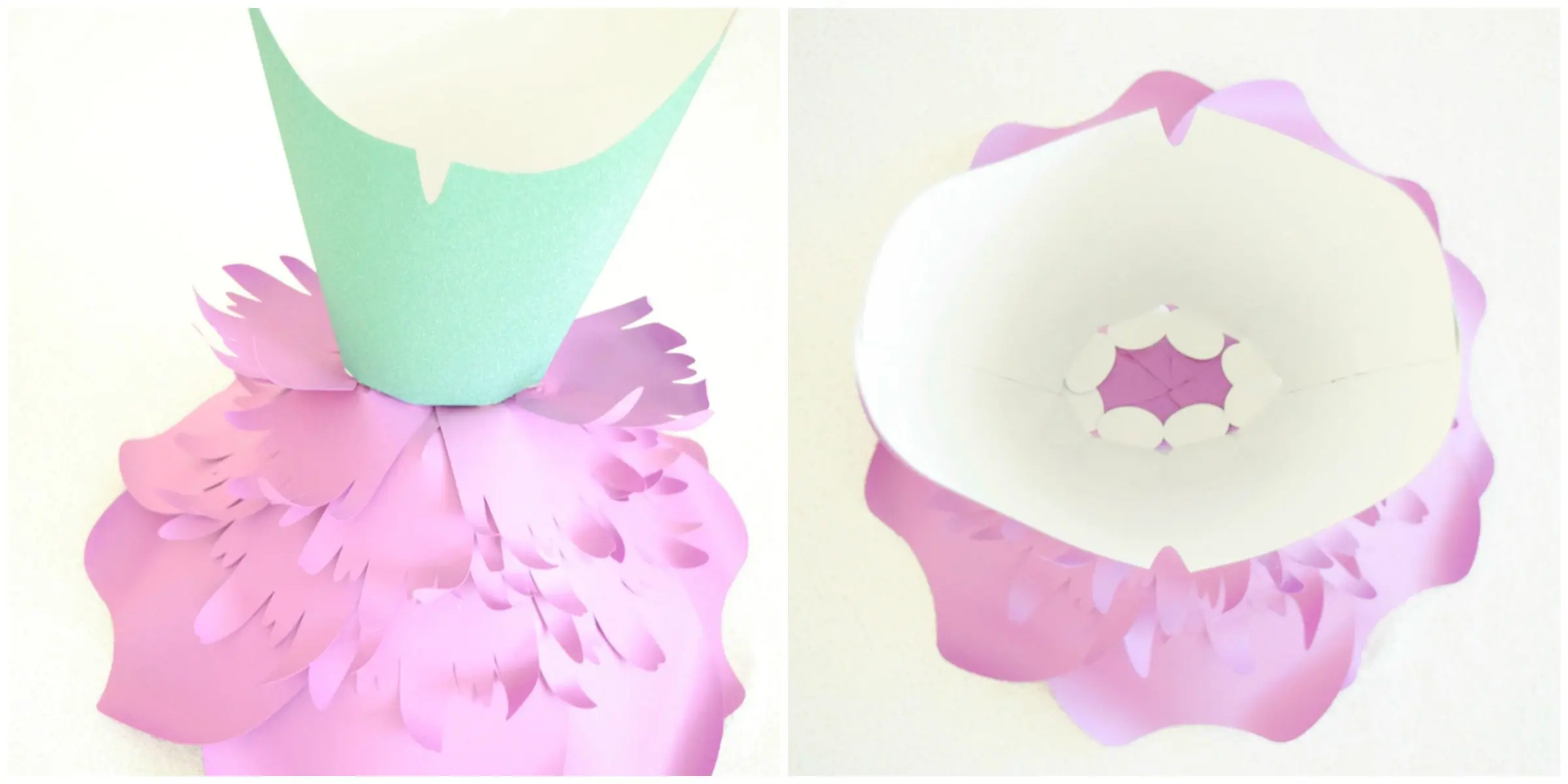 Two side by side images show the process of attaching the green paper dress bodice to the purple paper dress skirt, and how the bodice looks from above, when attached to the skirt.