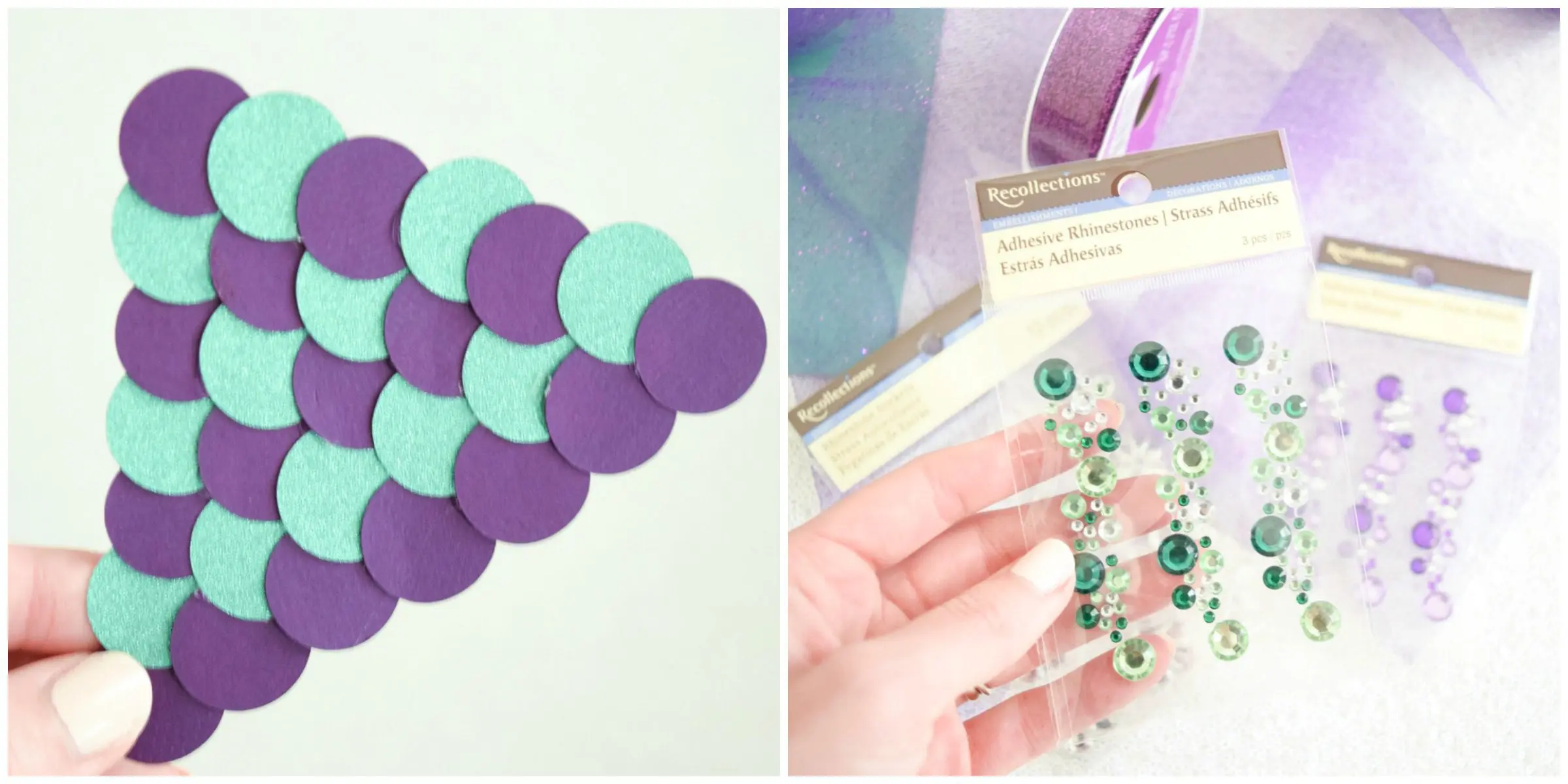 Two images show the different pieces of decoration for a mermaid themed paper dress; a colorful collection of purple and green glittery mermaid scales, and purple and green adhesive rhinestones.