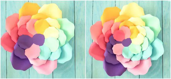 Two additional step-by-step pictures of the assembly of a large rainbow paper flower, made of different colors of paper cardstock. The photo on the left shows the third layer seen from above. The right photo shows the fourth layer, and how the petal placement creates a color swirl.
