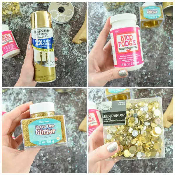 A four image collage showing closeups of the products needed for the project. 