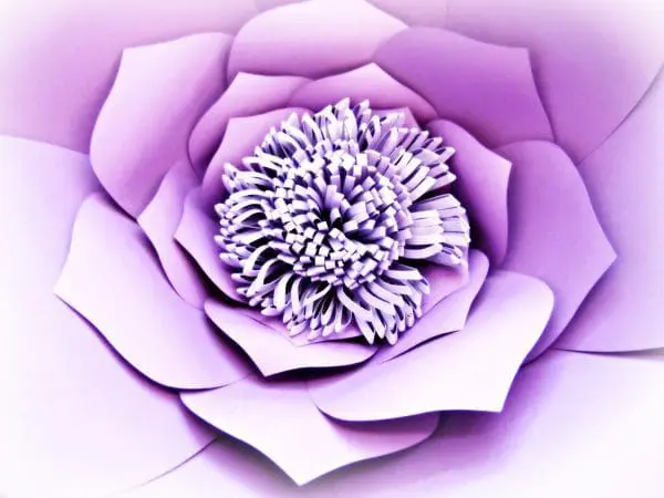 A very close look at the inner layer of the purple paper flowers smaller layers and the paper fringe pompom center.