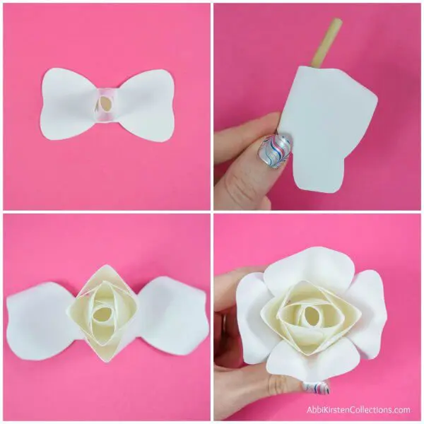 A collage of images showing how to curl the edges of a DIY paper rose with a wooden dowel.