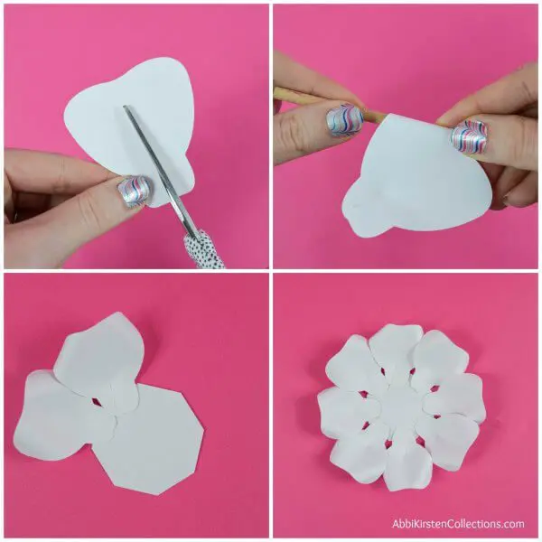 A series of photos showing how to build the base of a DIY paper rose.