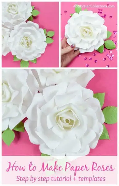 A collage of images showing completed white DIY paper roses on a pink workstation.