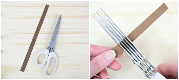 Two side-by-side images showing a fringe shears cutting a thin piece of brown paper to create the frayed centerpiece of the paper sunflower.