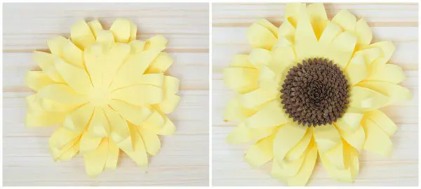 Two side by side images showing stacked yellow paper sunflower petals, and a completed yellow paper sunflower with a brown center piece.
