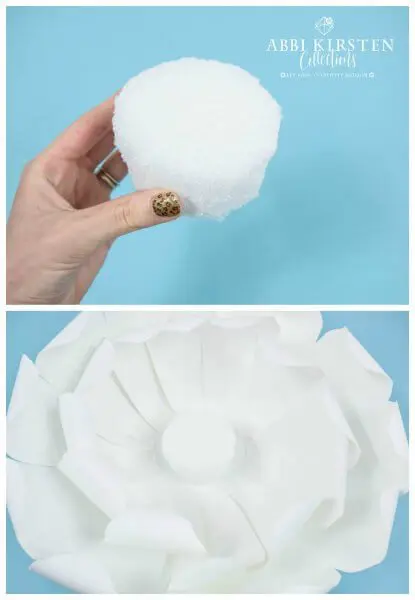 Abbi Kirsten holds a foam center, which is placed in the center of the bottom two peony layers seen below.