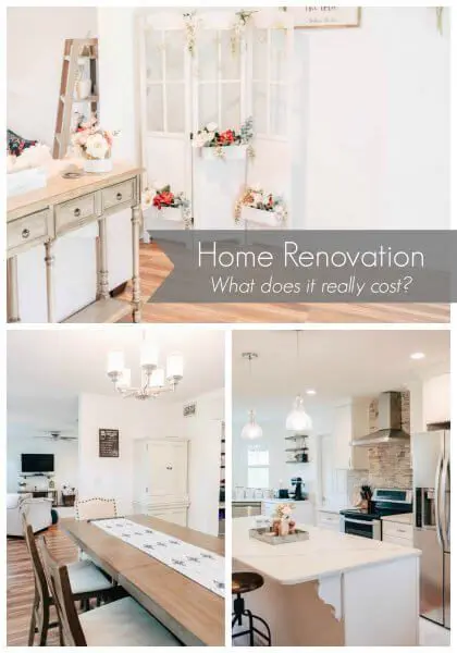 The text "Home renovation, what does it really cost?" sits across indoor areas of a renovated home, dining room, kitchen. The design is white and clean, with light wood flowers. 