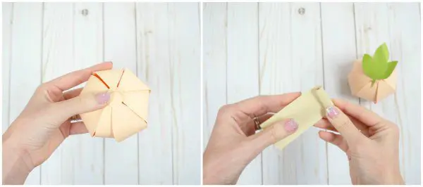 Two images showing Abbi folding together a paper pumpkin and rolling a stem. 