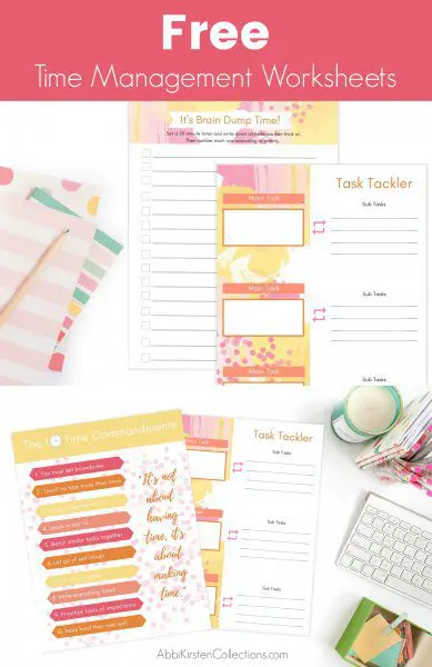 An overhead view of a white desk covered with free time management sheets and "time tackler" forms. A candle and a keyboard peek in from the corner.