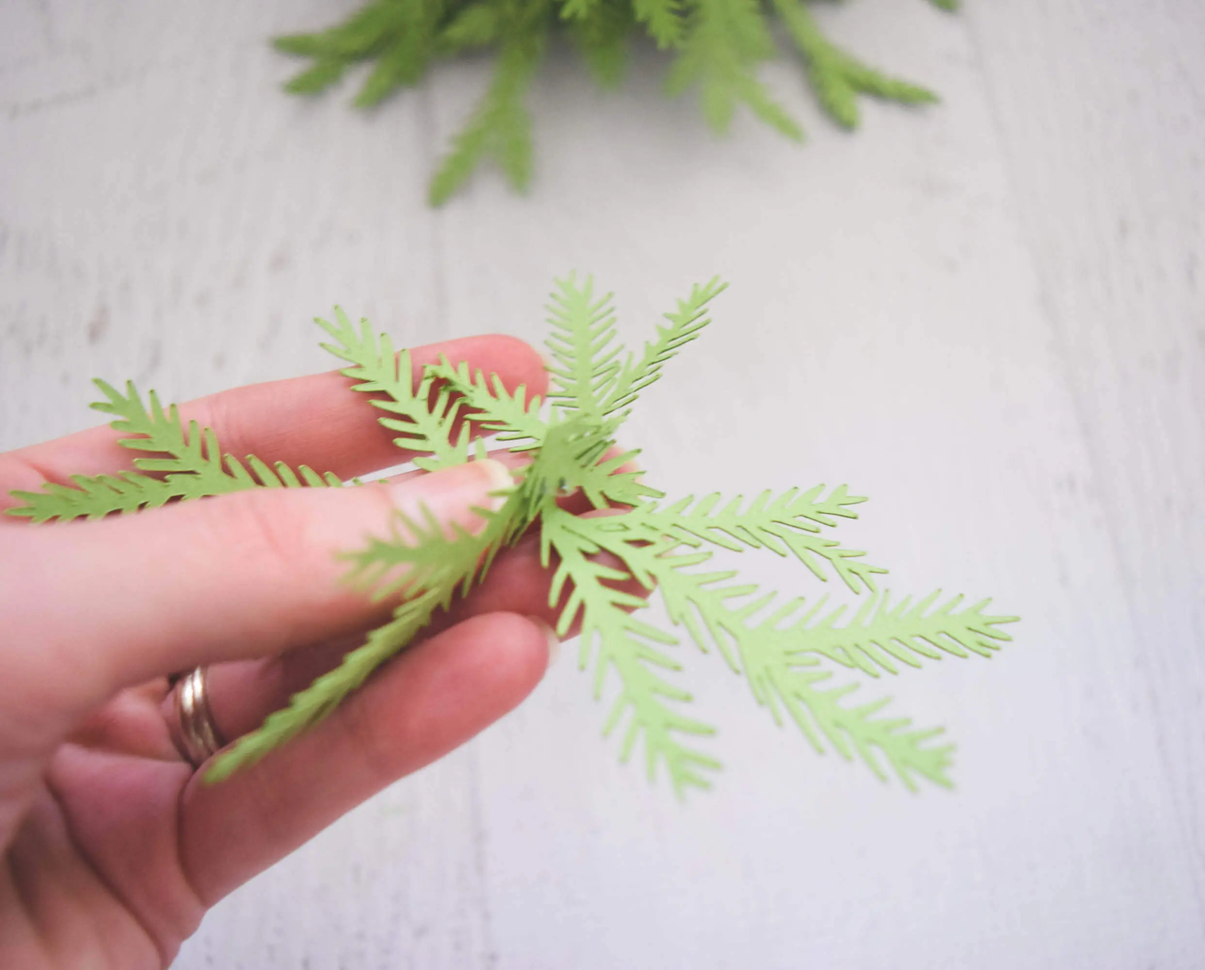 A woman's hand holds a few small green paper pine needle branches between her fingers.