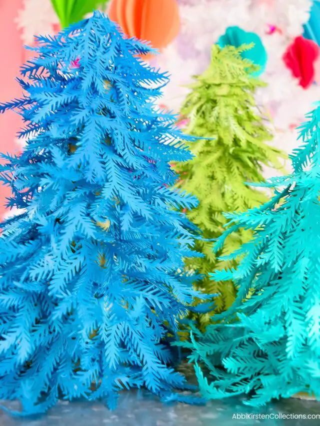 Paper Christmas trees in blue, teal and light green