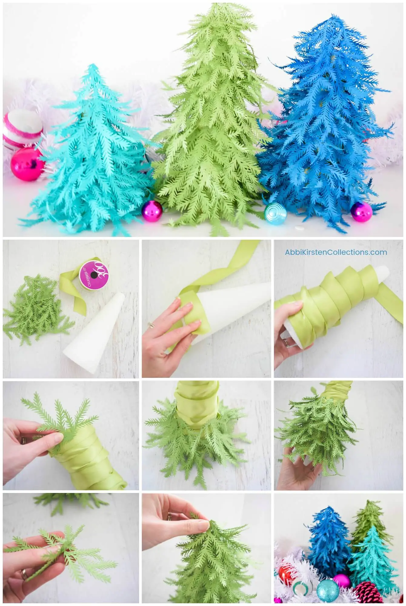 A collage of images shows all the steps to making small paper Christmas trees. The top images shows all three Christmas trees - one light blue, one green, and one dark blue, sitting side by side.