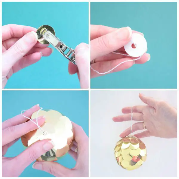 DIY Christmas ornaments. Pictures 9, 10, 11, and 12 show how to punch a hole in in a gold circle, thread twine through the hole, how to add the circle with the hole to the top of the ornament, and how the gold circle ornament is now finished and ready to hang. 