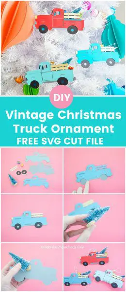 A Pinterest graphic that has a top photo of all three paper trucks on a white Christmas tree, and the six bottom photos show the steps needed to make the ornament, with pink paper as a backdrop. The center text reads "DIY Vintage Christmas Truck Ornament Free SVG Cut File."