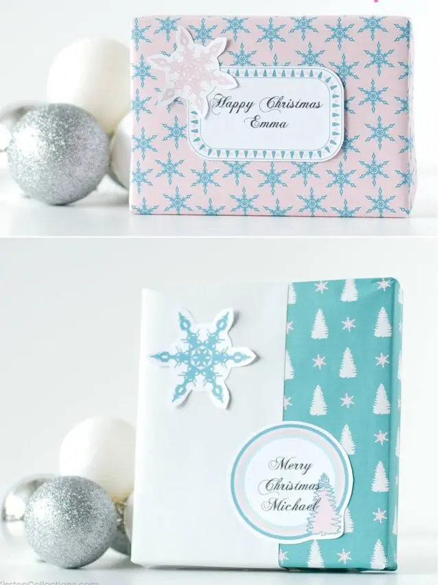 Collage of two Christmas gift photos wrapped with Christmas themed wrapping paper