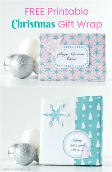 Free Printable Christmas Gift Wrap is written across the top in pink and teal. Personalized blue, white and light pink wrapping paper printed with white evergreens, stars and blue snowflakes sit in front of silver and white ball ornaments.