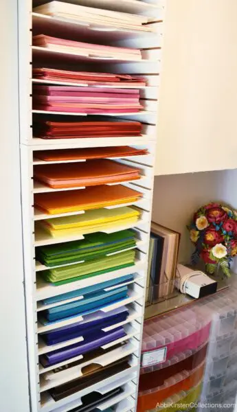Vertical craft paper storage for scrapbooking and cardstock paper.
