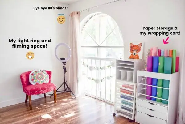 An “after” photo of one corner of my creative space done in 2018. I included a paper storage and wrapping cart, a clean filming area, and I even changed the window blinds.