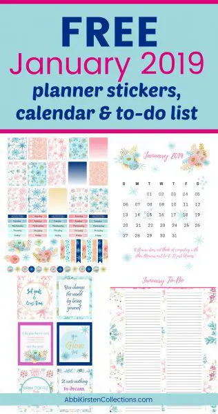 A collage of January winter-inspired planner stickers and pages with text overlay that states Free January 2019 planner stickers, calendar & to-do list. 