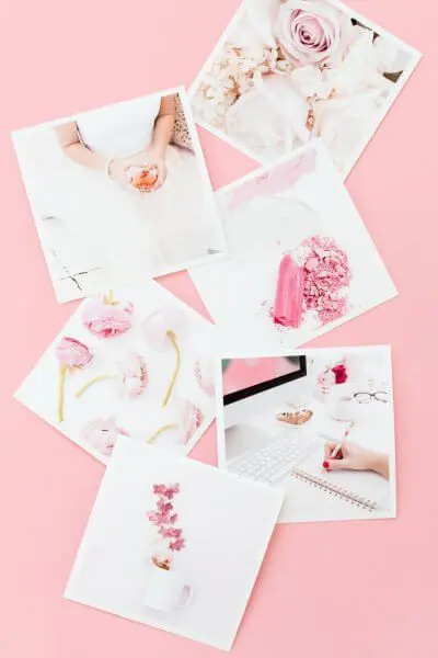 Square photos of a journal, flowers, tea, and other pleasant objects overlap on a pink background. A Cricut machine was used to make these images for a vision board. 