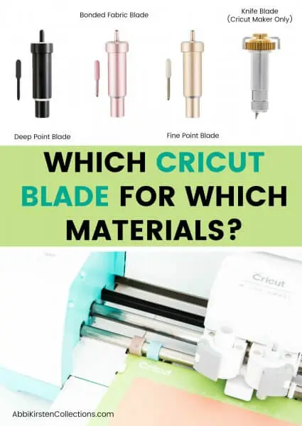 A picture graphic on different Cricut blades: deep point blade, bonded fabric blade, fine point blade, and knife blade. The words "Which Cricut blade for which materials?" is written across the center. 