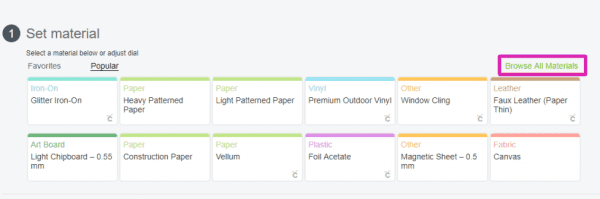 Design Space window showing how to choose Cricut materials you are using so that cutting the materials is easy. 