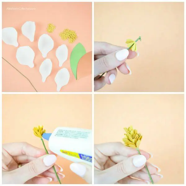 A set of four images showing the steps for creating the centers of crepe paper magnolia flowers.