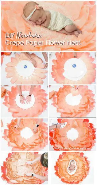 A nine picture graphic includes seven step-by-step picture instructions, a final photo of a sleeping newborn in the center of the nest. The top photo of a finished giant crepe paper flower baby nest with the text "DIY Newborn Crepe Paper Flower Nest" in white. 