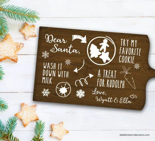 Personalized Cookies for Santa Tray: Use this FREE Christmas SVG cut file to customize a tray or plate with your kids name's for Santa's midnight snack.