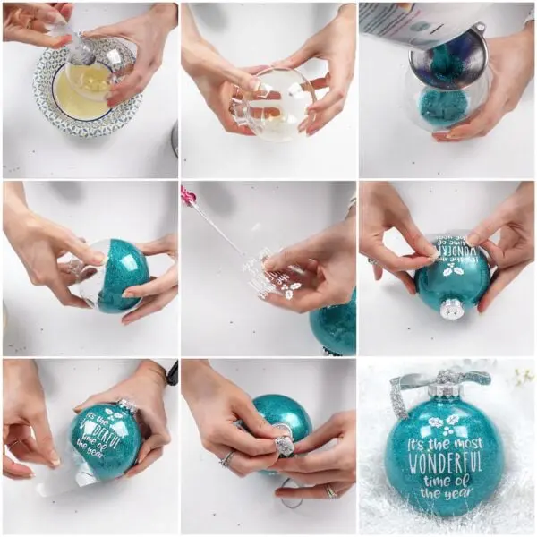 How to make easy glitter Christmas ornaments with polycrylic glue and glitter. 