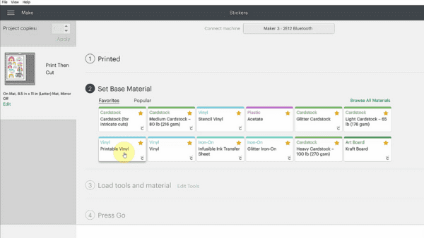 Material settings for stickers in Cricut design space.