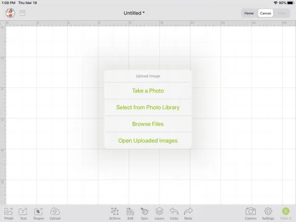 The open Cricut Design Space Canvas, with an action menu open. The lime green menu text reads "take a photo, select from photo library, browse files, and open uploaded images."